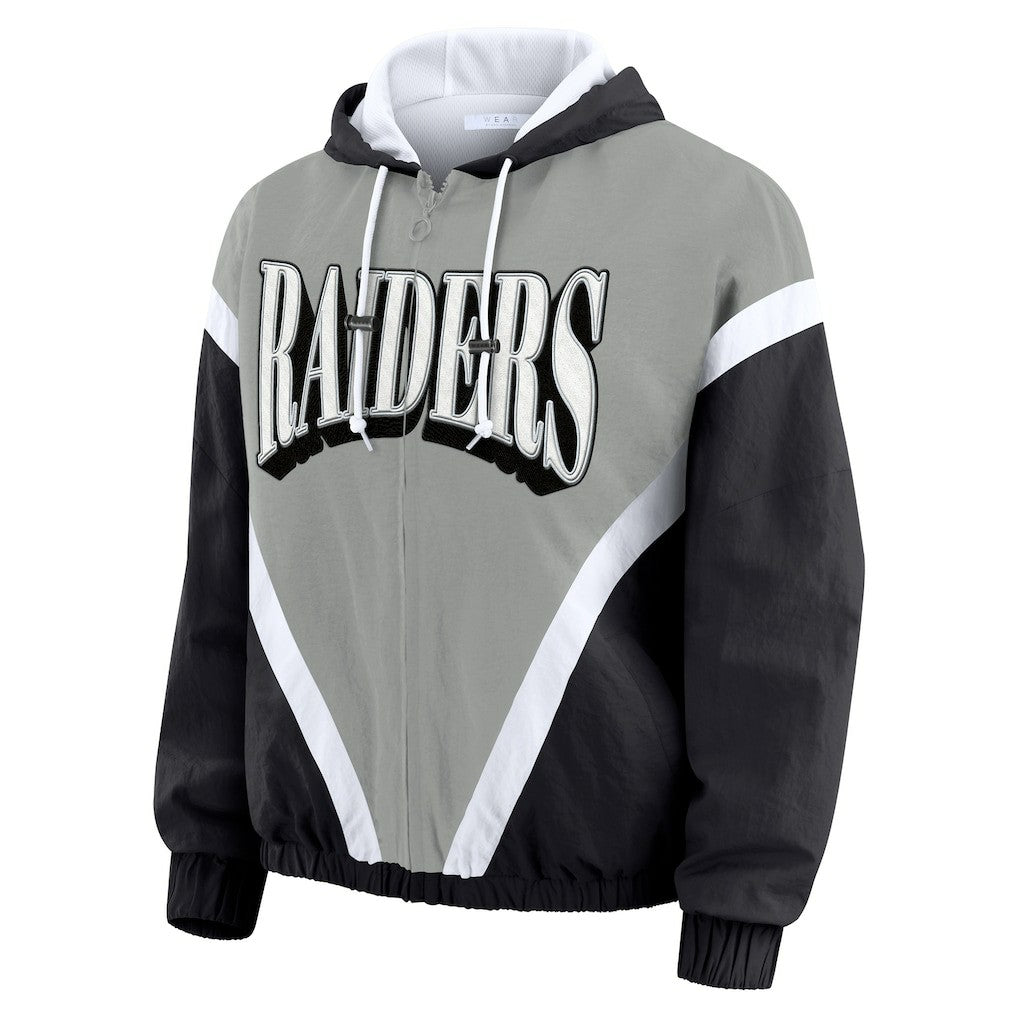 Las Vegas Raiders WEAR by Erin Andrews Women's Plus Size Retro Crinkle Full-Zip Hoodie Windbreaker Jacket - Black/Gray - NFL
