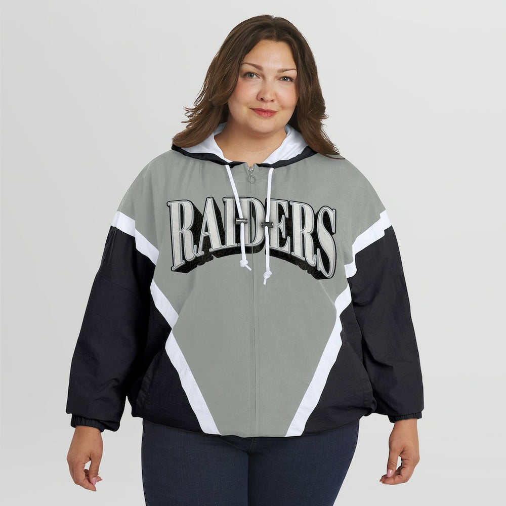 Las Vegas Raiders WEAR by Erin Andrews Women's Plus Size Retro Crinkle Full-Zip Hoodie Windbreaker Jacket - Black/Gray - NFL