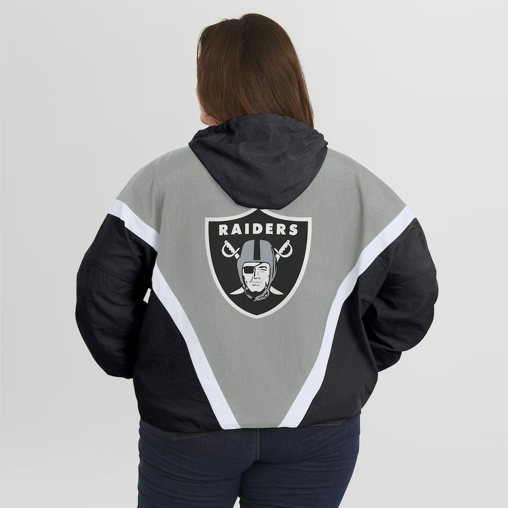 Las Vegas Raiders WEAR by Erin Andrews Women's Plus Size Retro Crinkle Full-Zip Hoodie Windbreaker Jacket - Black/Gray - NFL