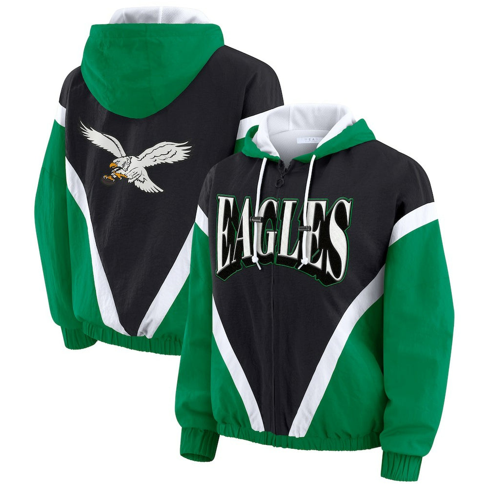 Philadelphia Eagles WEAR by Erin Andrews Women's Plus Size Retro Crinkle Full-Zip Hoodie Windbreaker Jacket - Kelly Green/Black - NFL