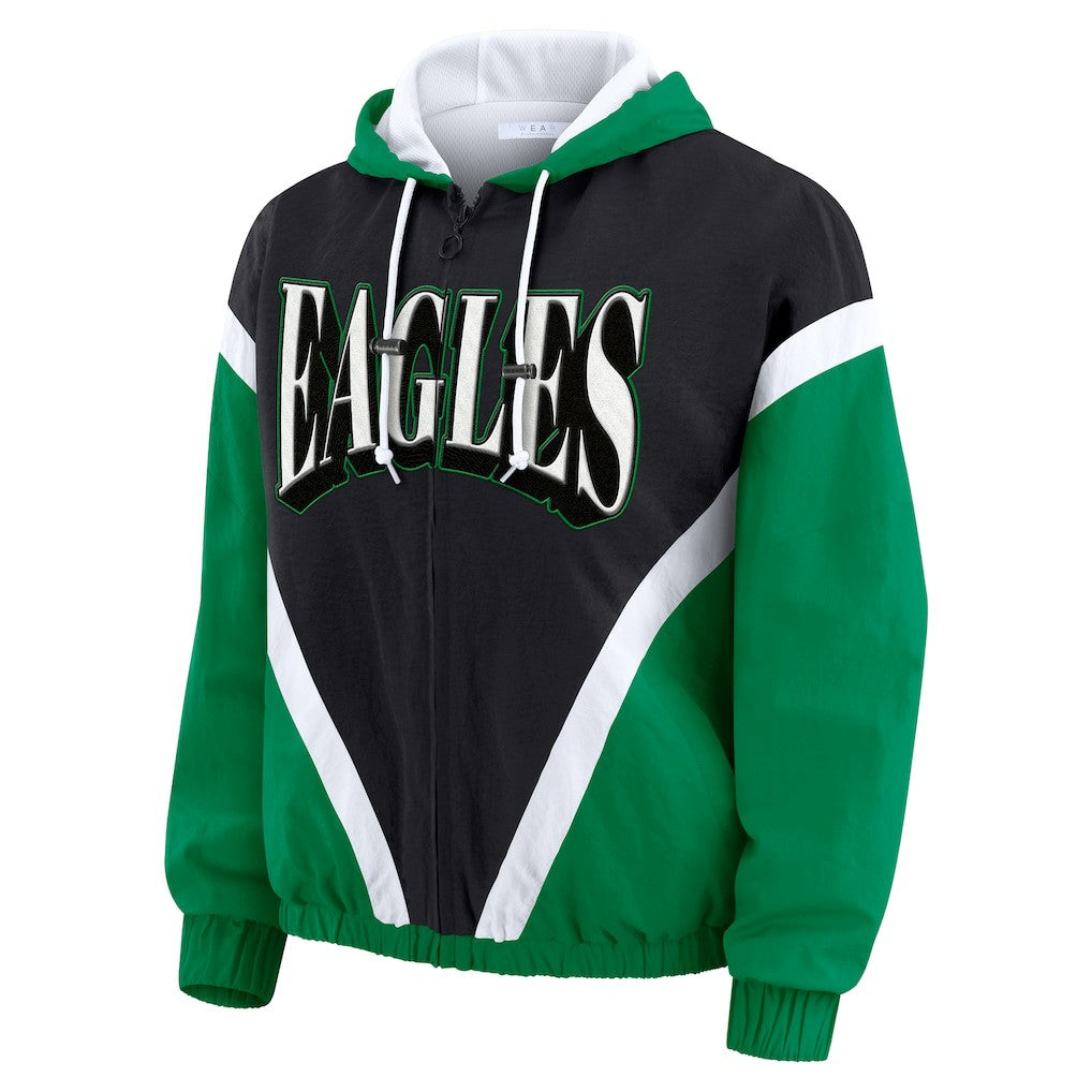 Philadelphia Eagles WEAR by Erin Andrews Women's Plus Size Retro Crinkle Full-Zip Hoodie Windbreaker Jacket - Kelly Green/Black - NFL