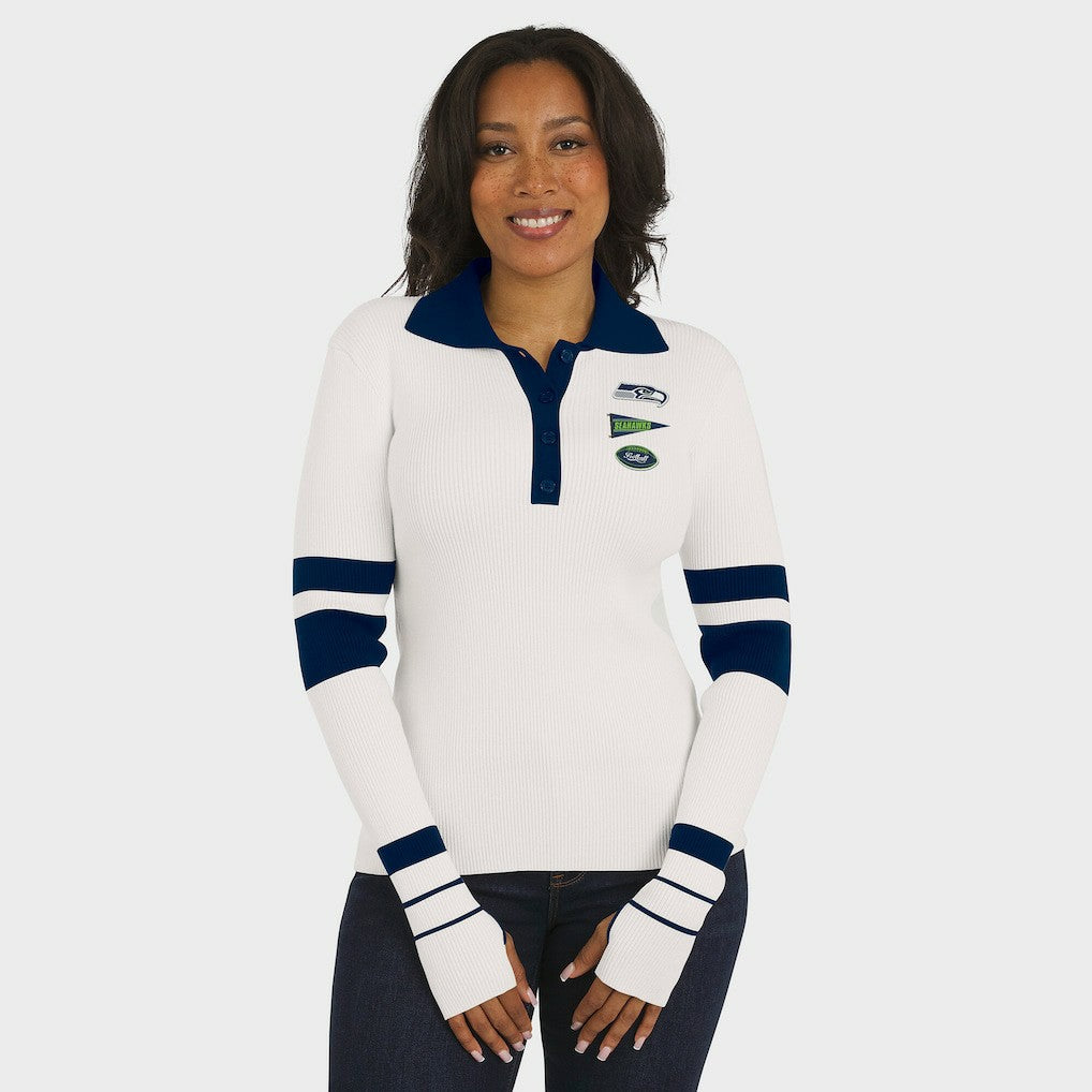 Seattle Seahawks WEAR by Erin Andrews Women's Ribbed Henley Polo Sweater - White - NFL