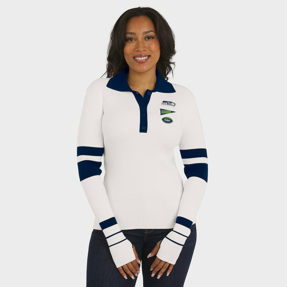 Seattle Seahawks WEAR by Erin Andrews Women's Ribbed Henley Polo Sweater - White - NFL