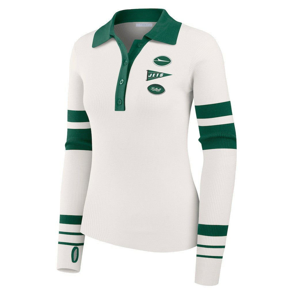 New York Jets WEAR by Erin Andrews Women's Ribbed Henley Polo Sweater - White - NFL