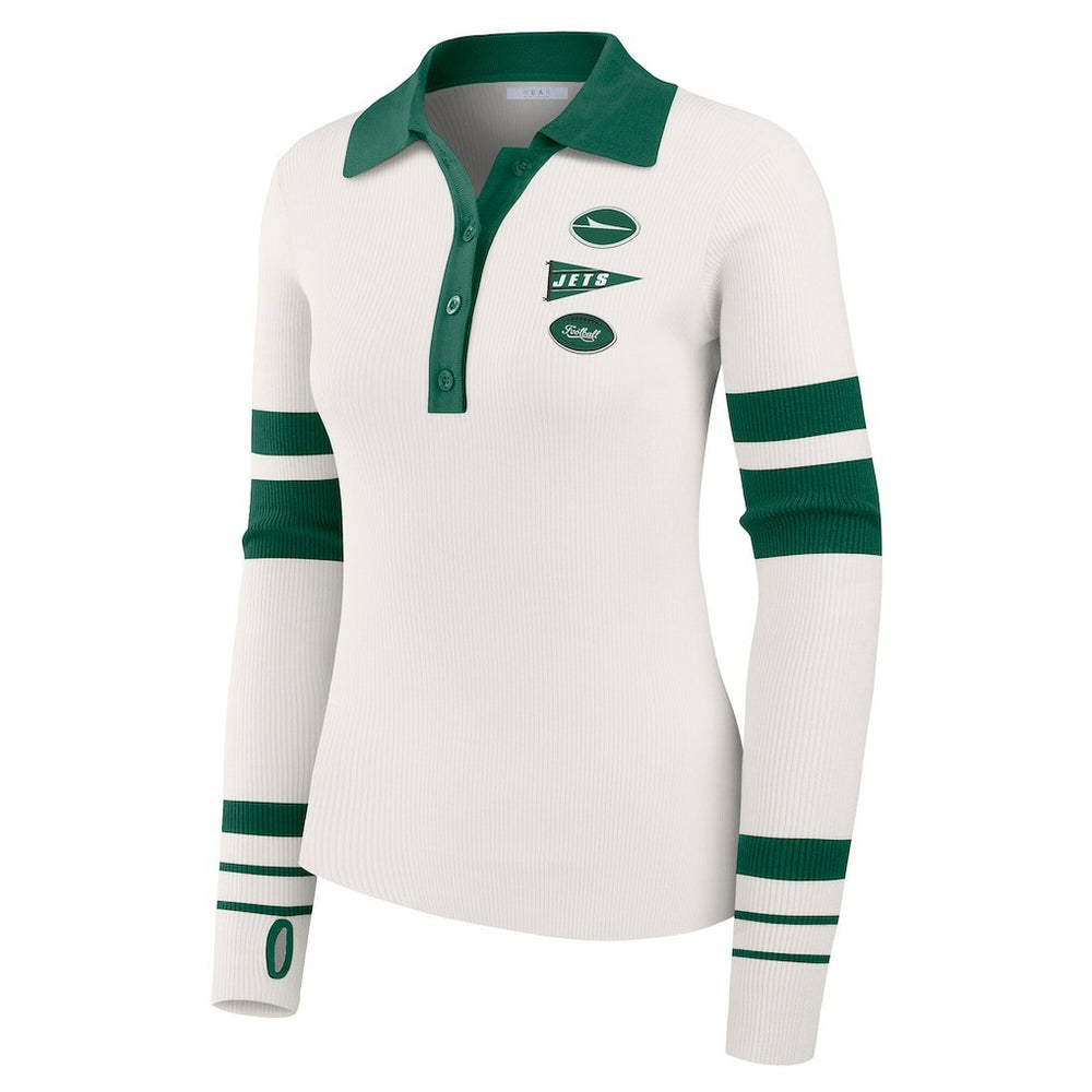 New York Jets WEAR by Erin Andrews Women's Ribbed Henley Polo Sweater - White - NFL