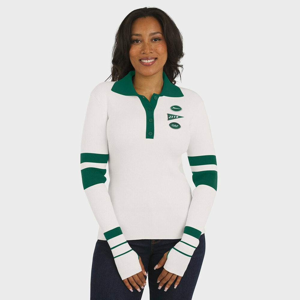 New York Jets WEAR by Erin Andrews Women's Ribbed Henley Polo Sweater - White - NFL