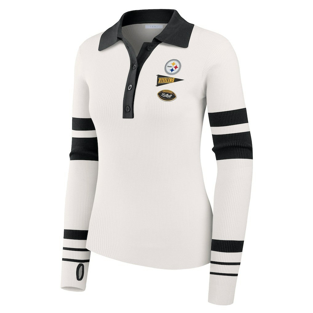 Pittsburgh Steelers WEAR by Erin Andrews Women's Ribbed Henley Polo Sweater - White - NFL