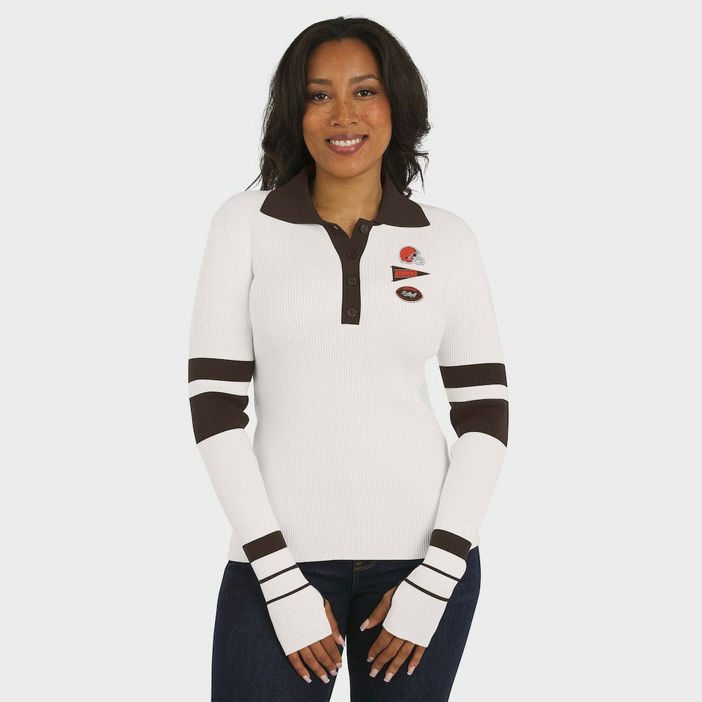 Cleveland Browns WEAR by Erin Andrews Women's Ribbed Henley Polo Sweater - White - NFL