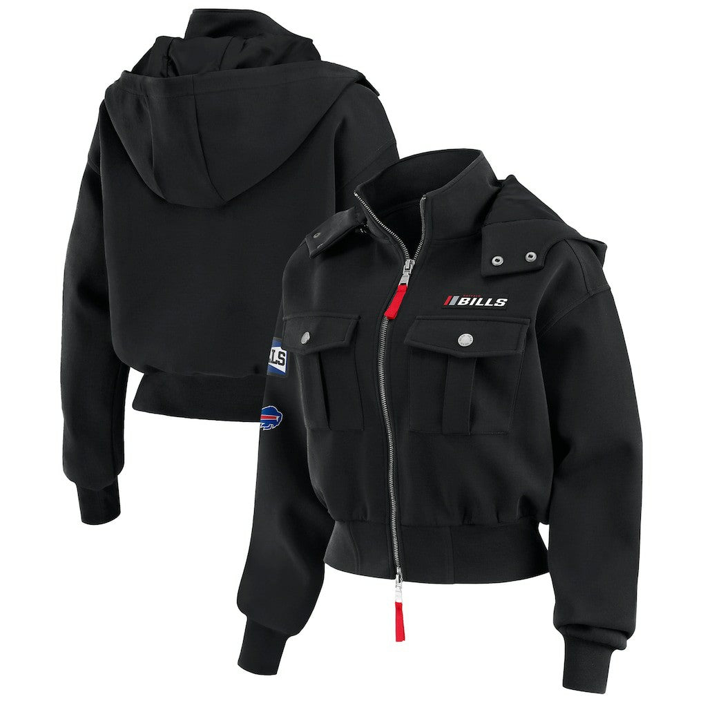 Buffalo Bills WEAR by Erin Andrews Women's Tri-Blend Patch Pocket Cropped Full-Zip Bomber Hoodie Jacket - Black - NFL