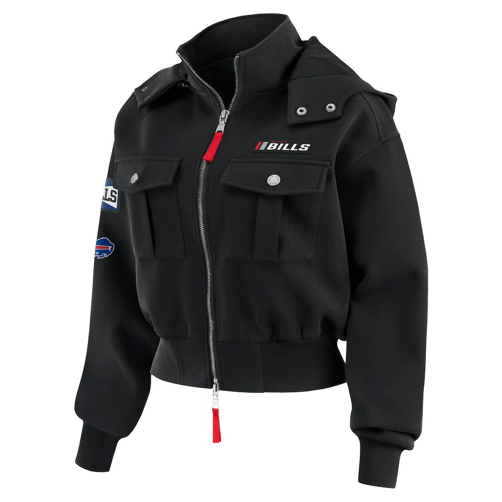 Buffalo Bills WEAR by Erin Andrews Women's Tri-Blend Patch Pocket Cropped Full-Zip Bomber Hoodie Jacket - Black - NFL