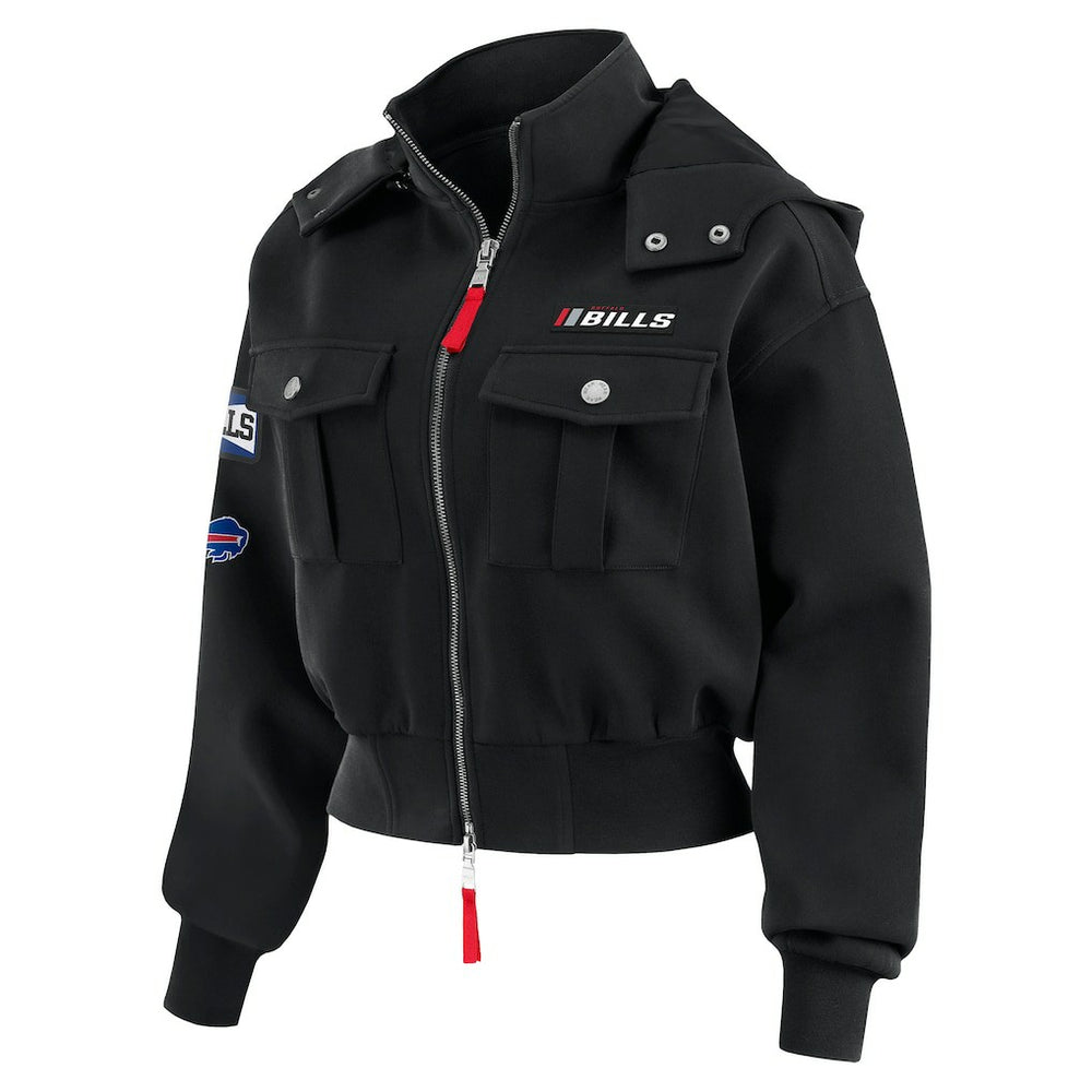 Buffalo Bills WEAR by Erin Andrews Women's Tri-Blend Patch Pocket Cropped Full-Zip Bomber Hoodie Jacket - Black - NFL