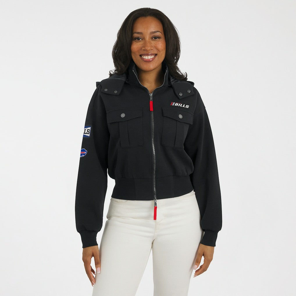 Buffalo Bills WEAR by Erin Andrews Women's Tri-Blend Patch Pocket Cropped Full-Zip Bomber Hoodie Jacket - Black - NFL