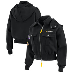 Minnesota Vikings WEAR by Erin Andrews Women's Tri-Blend Patch Pocket Cropped Full-Zip Bomber Hoodie Jacket - Black - NFL