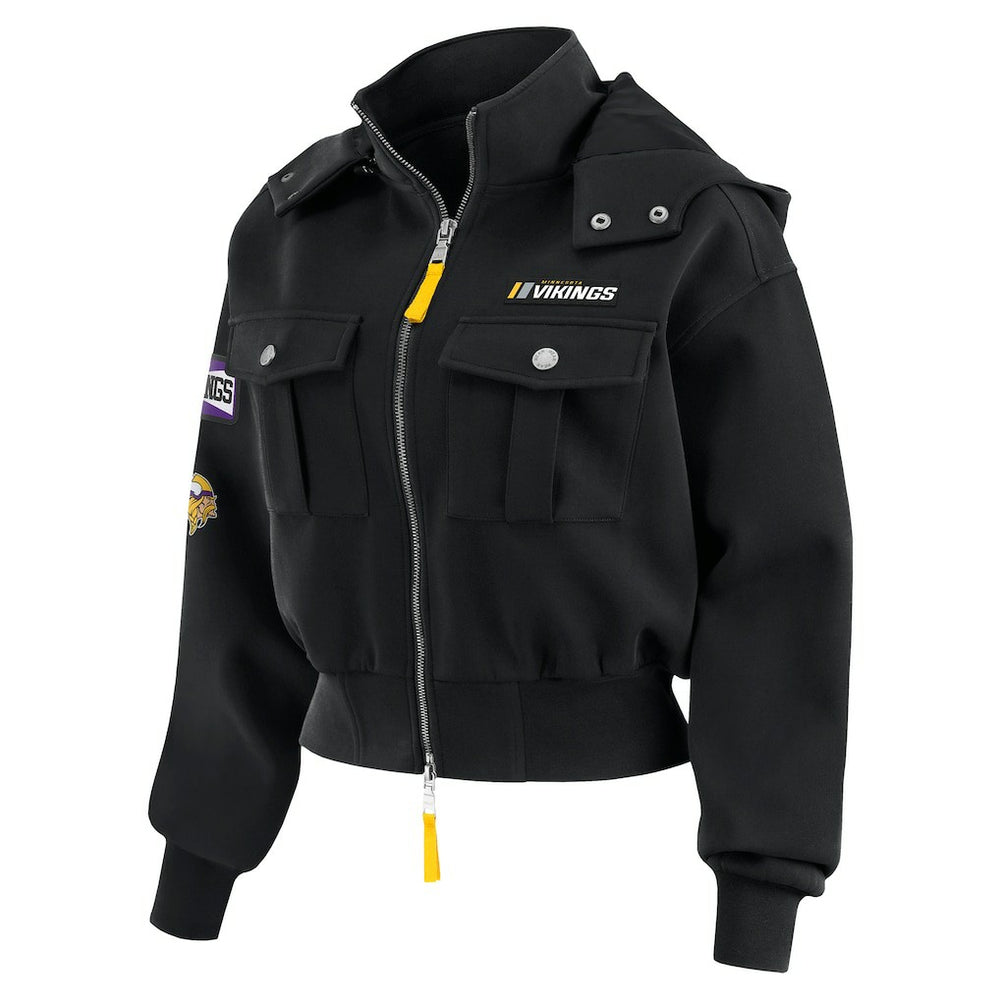 Minnesota Vikings WEAR by Erin Andrews Women's Tri-Blend Patch Pocket Cropped Full-Zip Bomber Hoodie Jacket - Black - NFL