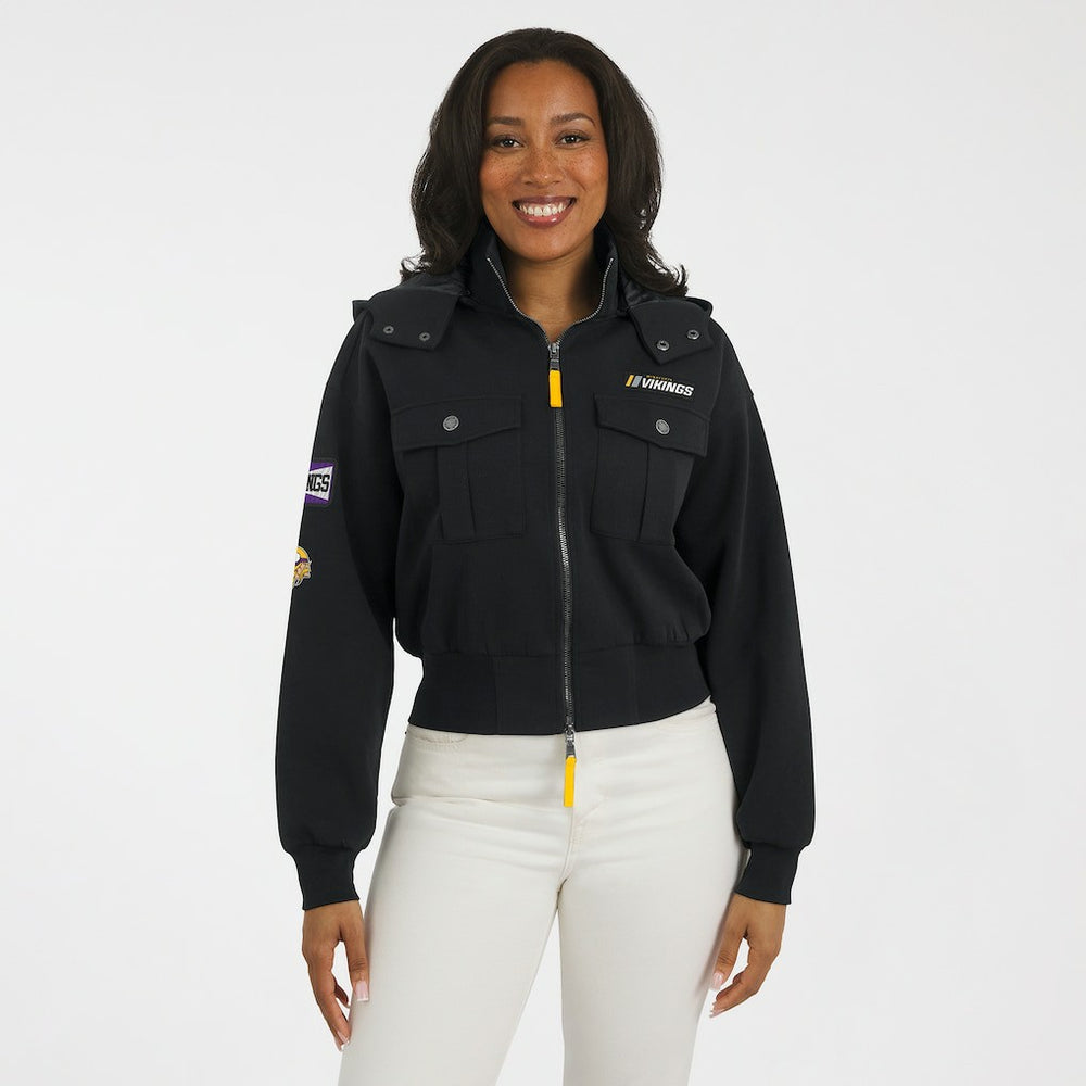 Minnesota Vikings WEAR by Erin Andrews Women's Tri-Blend Patch Pocket Cropped Full-Zip Bomber Hoodie Jacket - Black - NFL