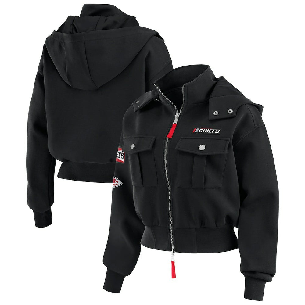 Kansas City Chiefs WEAR by Erin Andrews Women's Tri-Blend Patch Pocket Cropped Full-Zip Bomber Hoodie Jacket - Black - NFL