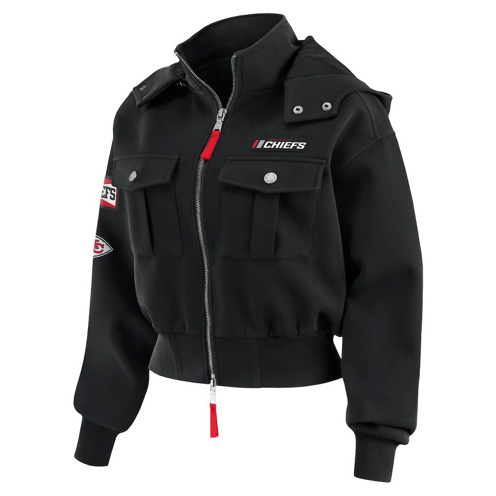 Kansas City Chiefs WEAR by Erin Andrews Women's Tri-Blend Patch Pocket Cropped Full-Zip Bomber Hoodie Jacket - Black - NFL