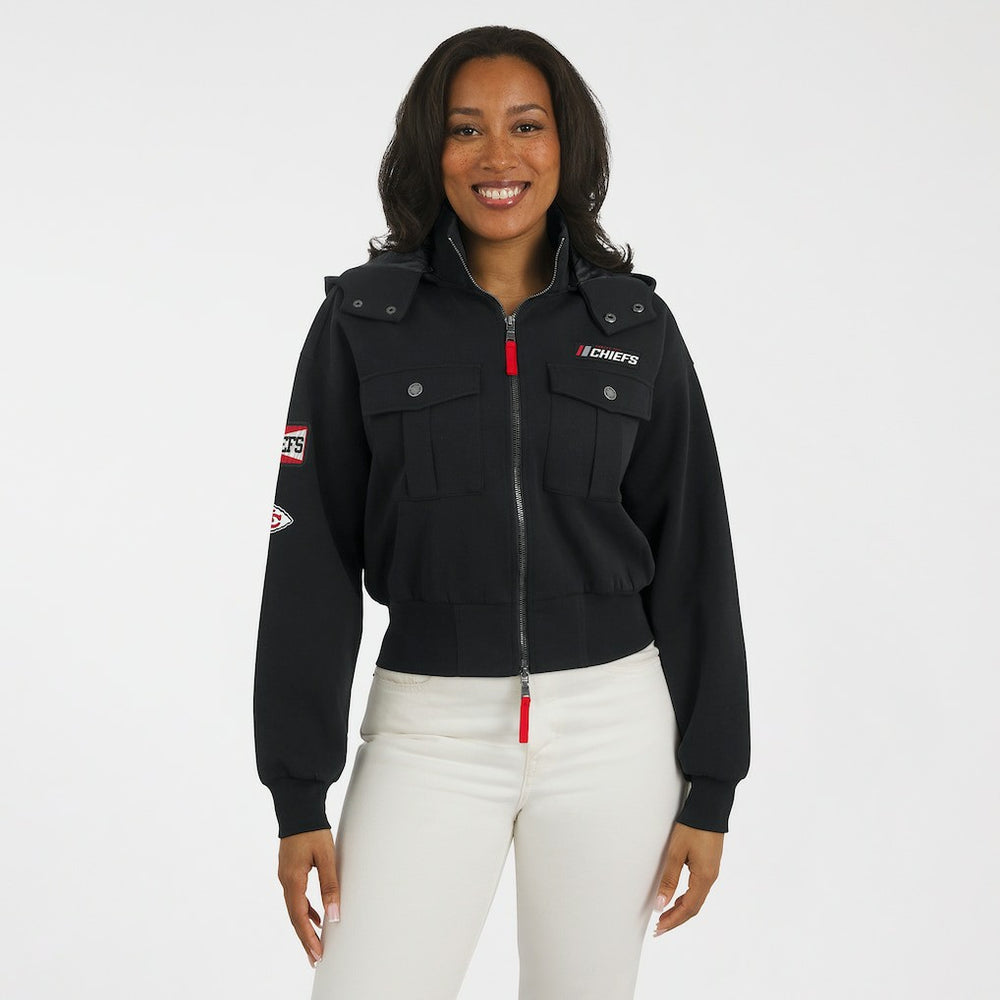 Kansas City Chiefs WEAR by Erin Andrews Women's Tri-Blend Patch Pocket Cropped Full-Zip Bomber Hoodie Jacket - Black - NFL