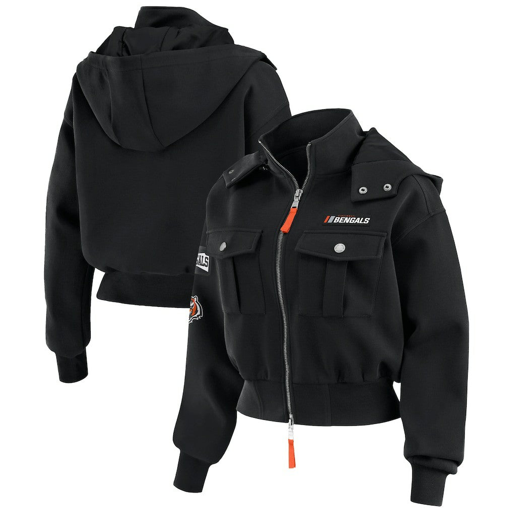 Cincinnati Bengals WEAR by Erin Andrews Women's Tri-Blend Patch Pocket Cropped Full-Zip Bomber Hoodie Jacket - Black - NFL