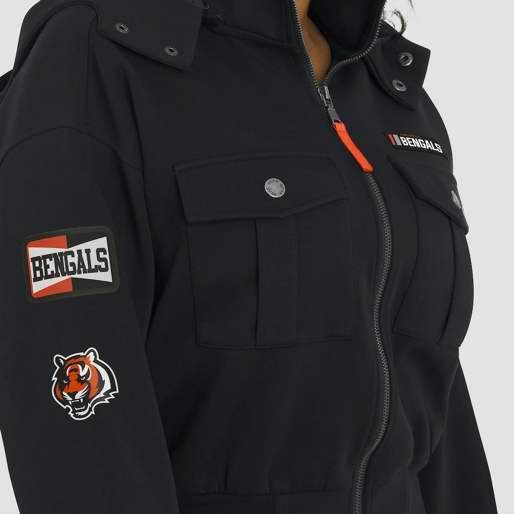 Cincinnati Bengals WEAR by Erin Andrews Women's Tri-Blend Patch Pocket Cropped Full-Zip Bomber Hoodie Jacket - Black - NFL