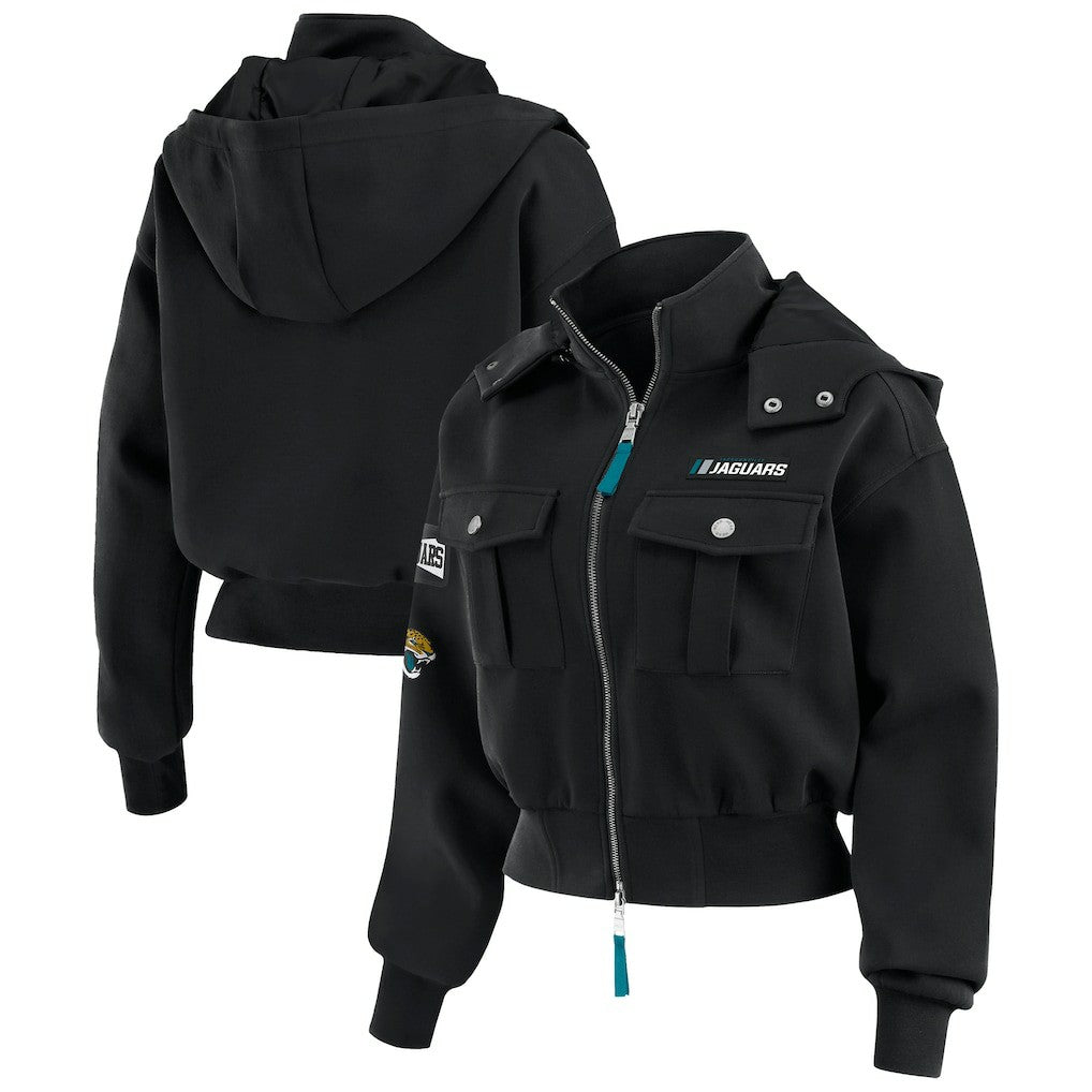 Jacksonville Jaguars WEAR by Erin Andrews Women's Tri-Blend Patch Pocket Cropped Full-Zip Bomber Hoodie Jacket - Black - NFL