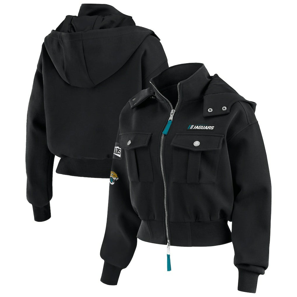 Jacksonville Jaguars WEAR by Erin Andrews Women's Tri-Blend Patch Pocket Cropped Full-Zip Bomber Hoodie Jacket - Black - NFL