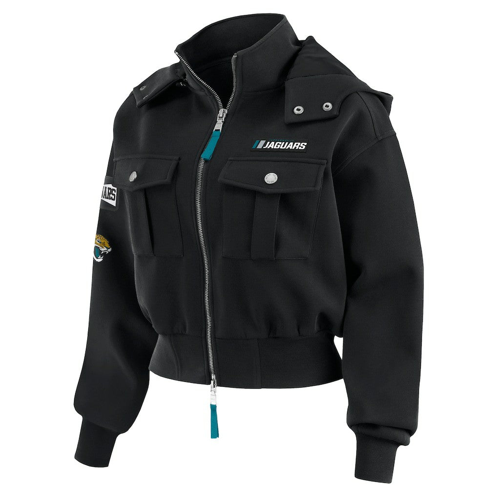 Jacksonville Jaguars WEAR by Erin Andrews Women's Tri-Blend Patch Pocket Cropped Full-Zip Bomber Hoodie Jacket - Black - NFL