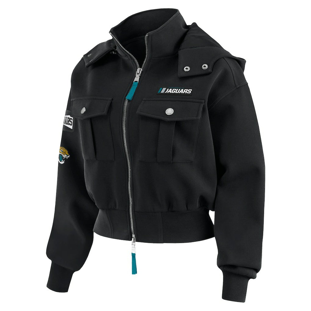 Jacksonville Jaguars WEAR by Erin Andrews Women's Tri-Blend Patch Pocket Cropped Full-Zip Bomber Hoodie Jacket - Black - NFL