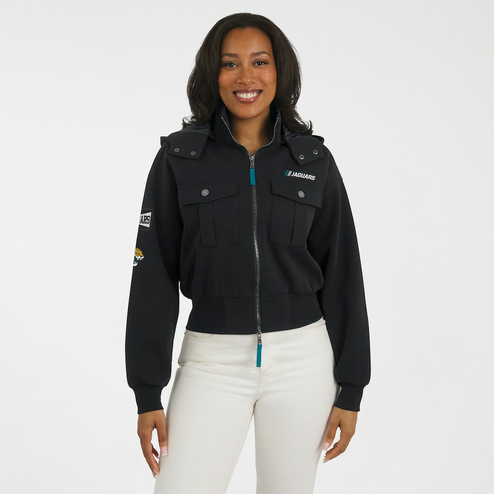 Jacksonville Jaguars WEAR by Erin Andrews Women's Tri-Blend Patch Pocket Cropped Full-Zip Bomber Hoodie Jacket - Black - NFL