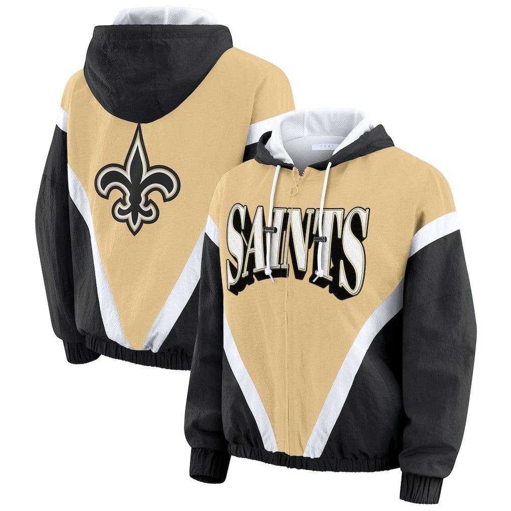New Orleans Saints WEAR by Erin Andrews Women's Retro Crinkle Full-Zip Hoodie Windbreaker - Gold/Black - NFL