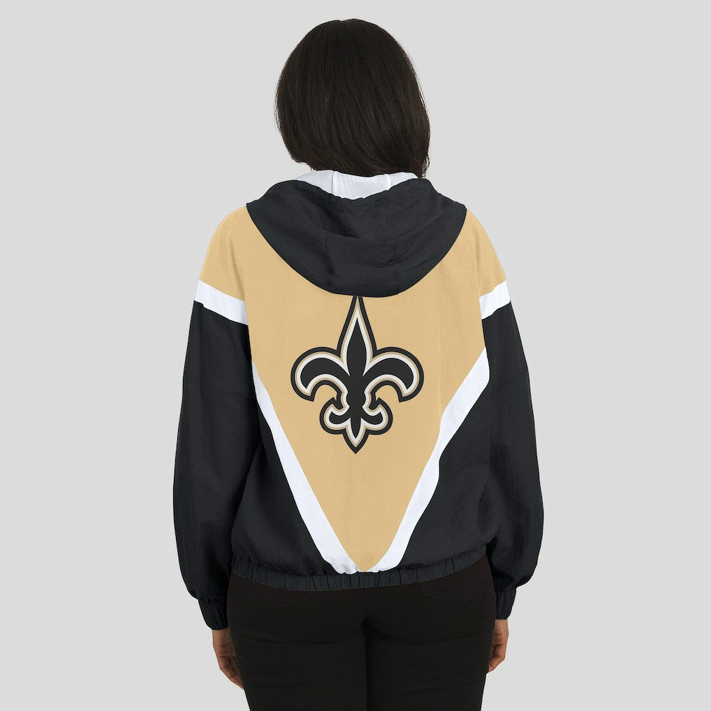 New Orleans Saints WEAR by Erin Andrews Women's Retro Crinkle Full-Zip Hoodie Windbreaker - Gold/Black - NFL