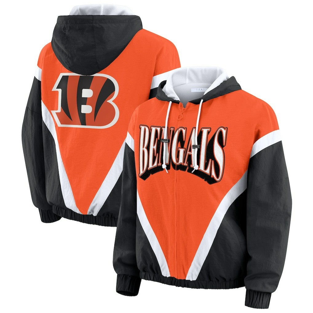Cincinnati Bengals WEAR by Erin Andrews Women's Retro Crinkle Full-Zip Hoodie Windbreaker - Orange/Black - NFL