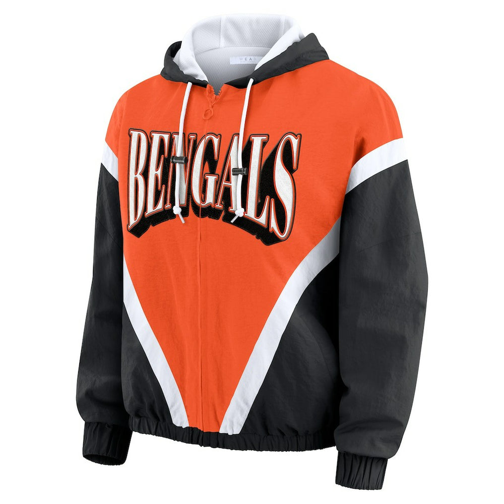 Cincinnati Bengals WEAR by Erin Andrews Women's Retro Crinkle Full-Zip Hoodie Windbreaker - Orange/Black - NFL