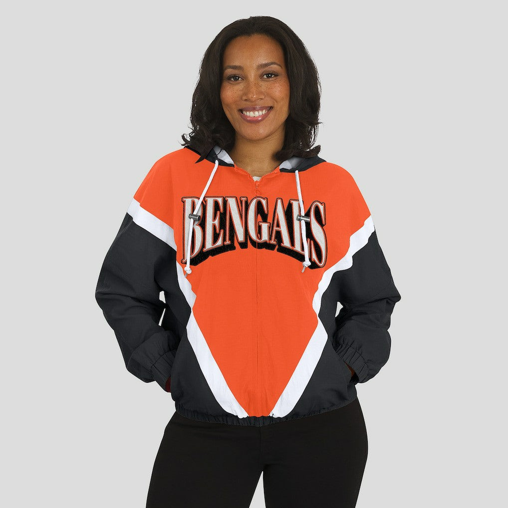 Cincinnati Bengals WEAR by Erin Andrews Women's Retro Crinkle Full-Zip Hoodie Windbreaker - Orange/Black - NFL