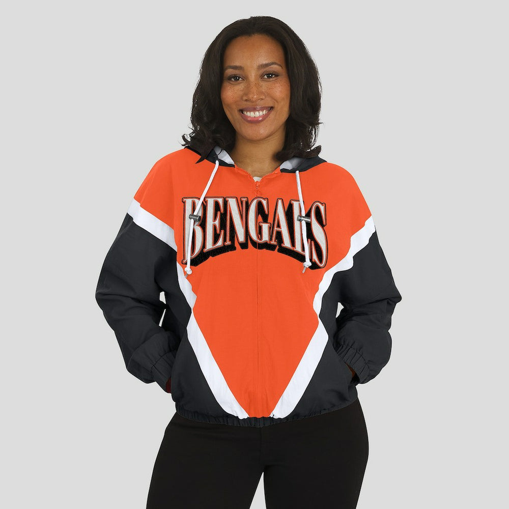 Cincinnati Bengals WEAR by Erin Andrews Women's Retro Crinkle Full-Zip Hoodie Windbreaker - Orange/Black - NFL