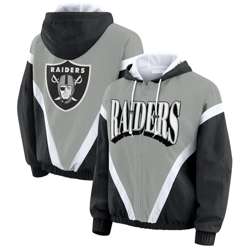 Las Vegas Raiders WEAR by Erin Andrews Women's Retro Crinkle Full-Zip Hoodie Windbreaker - Black/Silver - NFL