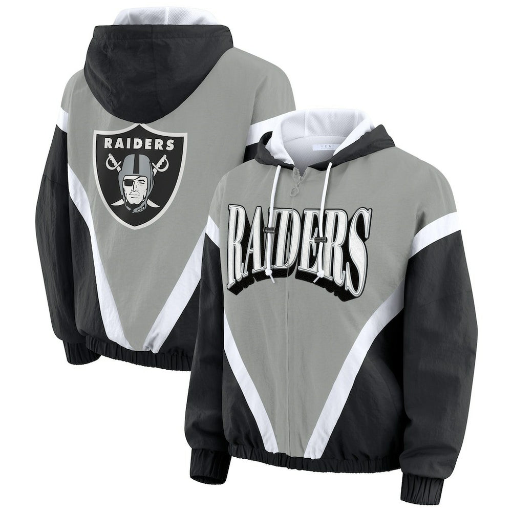 Las Vegas Raiders WEAR by Erin Andrews Women's Retro Crinkle Full-Zip Hoodie Windbreaker - Black/Silver - NFL