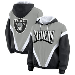 Las Vegas Raiders WEAR by Erin Andrews Women's Retro Crinkle Full-Zip Hoodie Windbreaker - Black/Silver - NFL