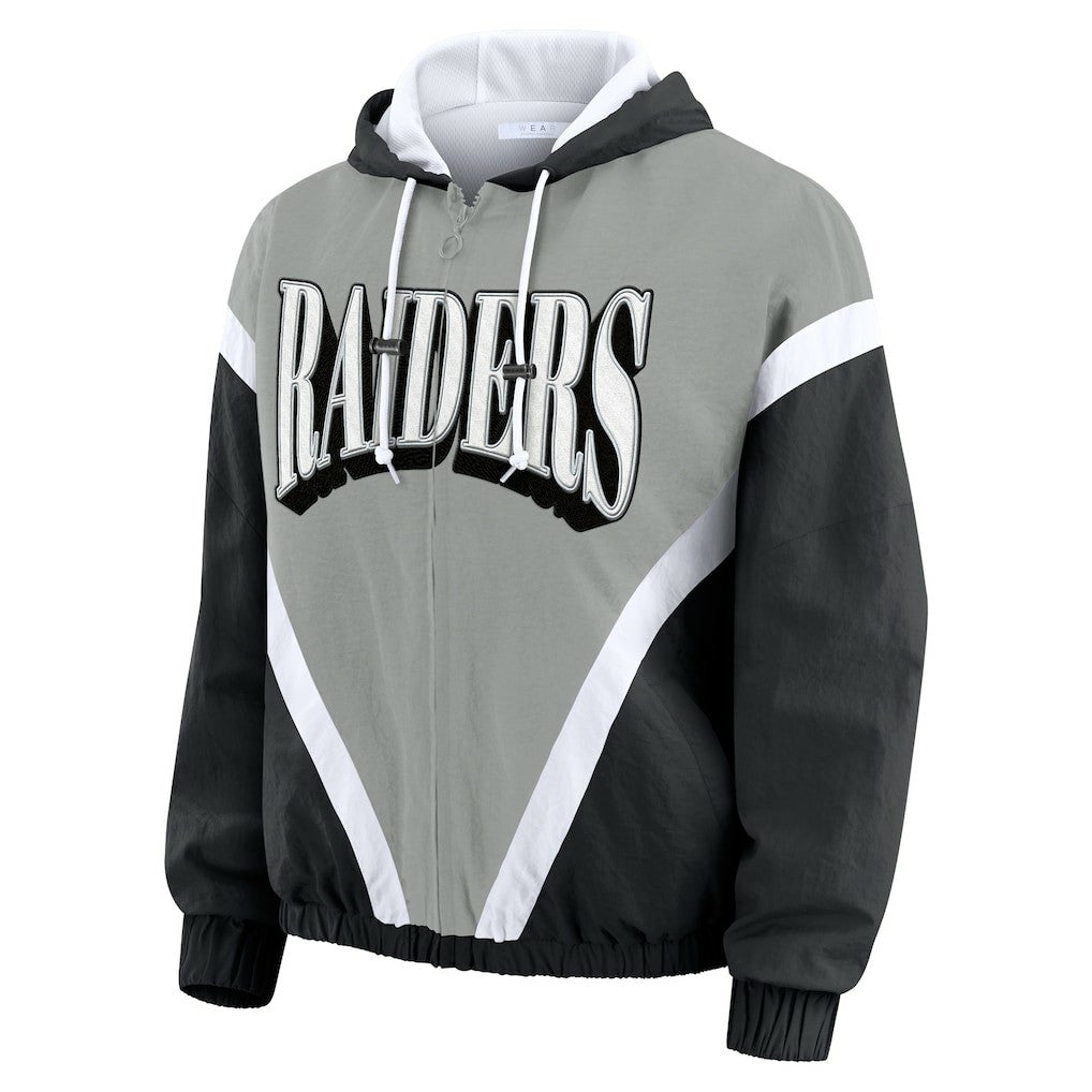 Las Vegas Raiders WEAR by Erin Andrews Women's Retro Crinkle Full-Zip Hoodie Windbreaker - Black/Silver - NFL