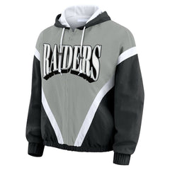 Las Vegas Raiders WEAR by Erin Andrews Women's Retro Crinkle Full-Zip Hoodie Windbreaker - Black/Silver - NFL