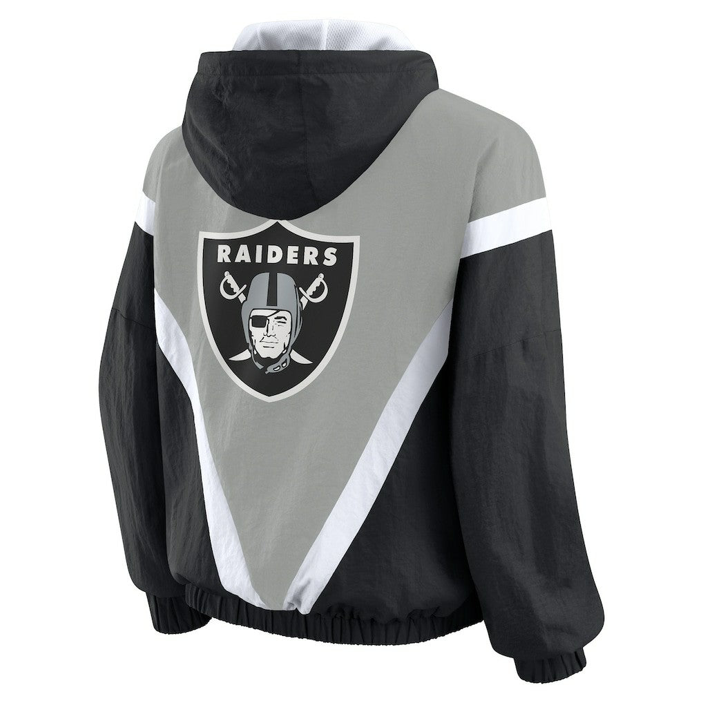 Las Vegas Raiders WEAR by Erin Andrews Women's Retro Crinkle Full-Zip Hoodie Windbreaker - Black/Silver - NFL