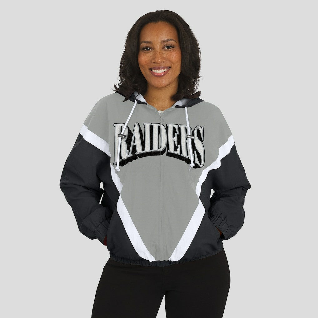 Las Vegas Raiders WEAR by Erin Andrews Women's Retro Crinkle Full-Zip Hoodie Windbreaker - Black/Silver - NFL