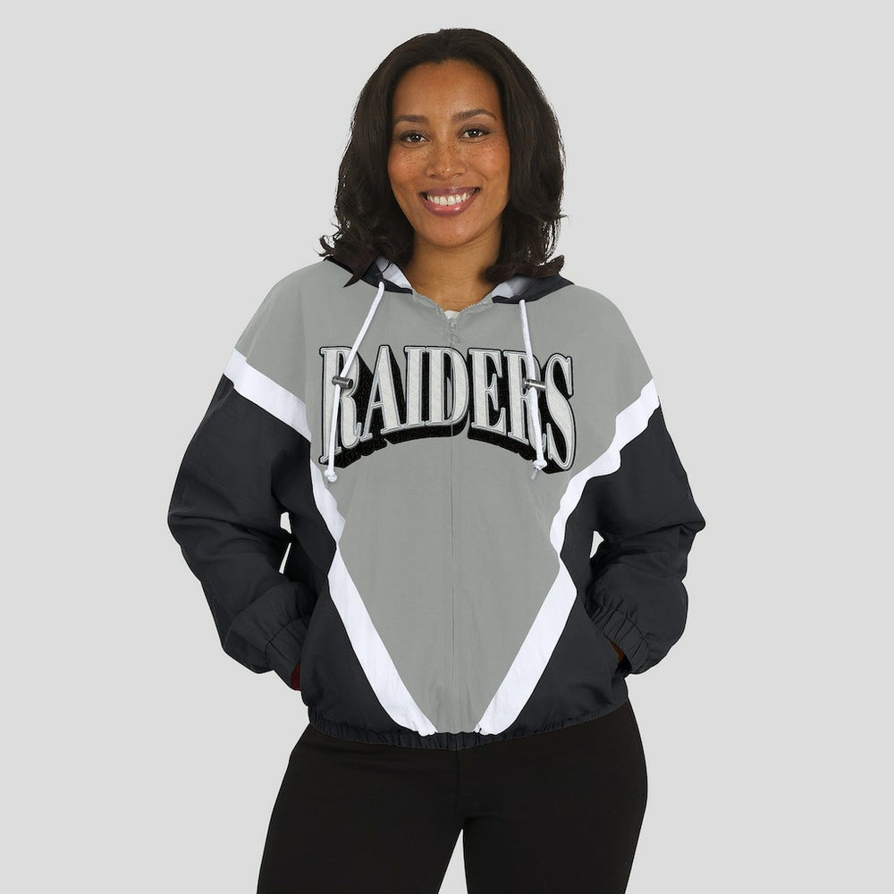 Las Vegas Raiders WEAR by Erin Andrews Women's Retro Crinkle Full-Zip Hoodie Windbreaker - Black/Silver - NFL