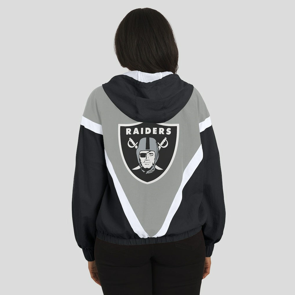 Las Vegas Raiders WEAR by Erin Andrews Women's Retro Crinkle Full-Zip Hoodie Windbreaker - Black/Silver - NFL