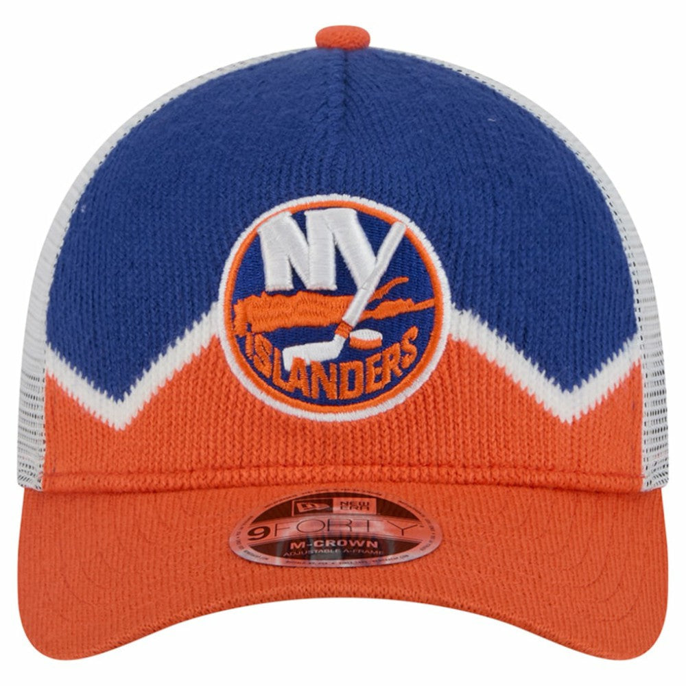 New York Islanders New Era Hockey Sock 9FORTY A-Frame M-Crown Adjustable Trucker Hat - Orange/Royal | New Era Clearance