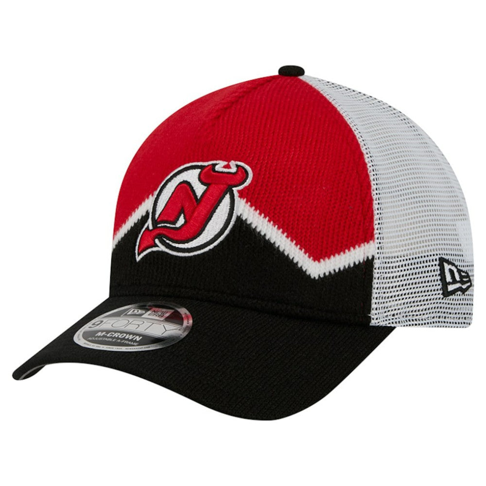 New Jersey Devils New Era Hockey Sock 9FORTY A-Frame M-Crown Adjustable Trucker Hat - Black/Red | New Era Lifestyle