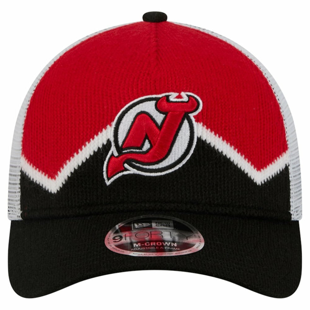 New Jersey Devils New Era Hockey Sock 9FORTY A-Frame M-Crown Adjustable Trucker Hat - Black/Red | New Era Lifestyle