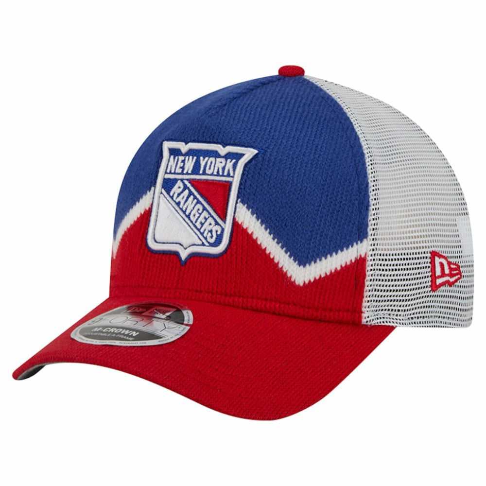 New York Rangers New Era Hockey Sock 9FORTY A-Frame M-Crown Adjustable Trucker Hat - Red/Blue | New Era near me