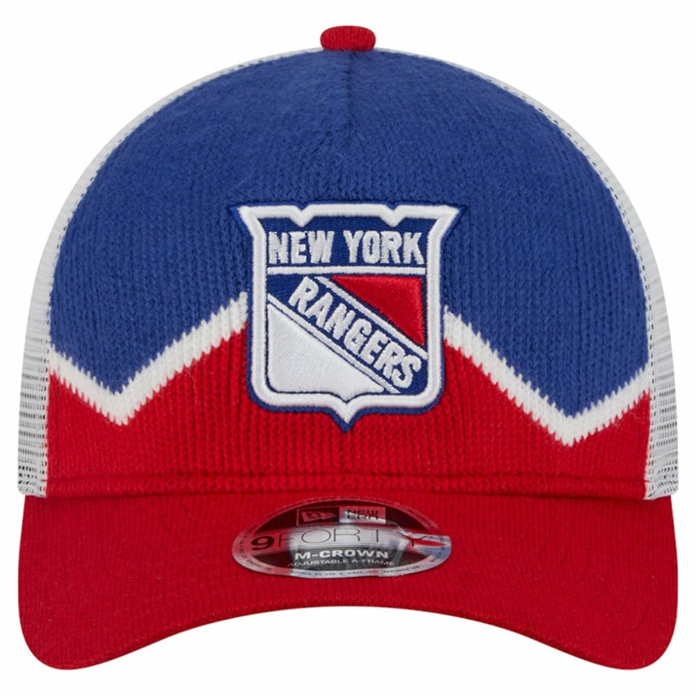 New York Rangers New Era Hockey Sock 9FORTY A-Frame M-Crown Adjustable Trucker Hat - Red/Blue | New Era near me