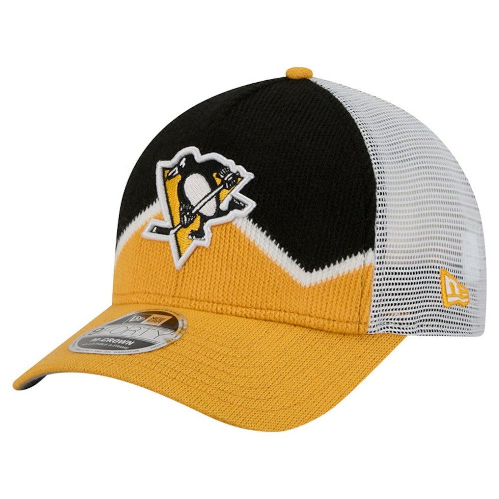 Pittsburgh Penguins New Era Hockey Sock 9FORTY A-Frame M-Crown Adjustable Trucker Hat - Gold/Black | New Era discount